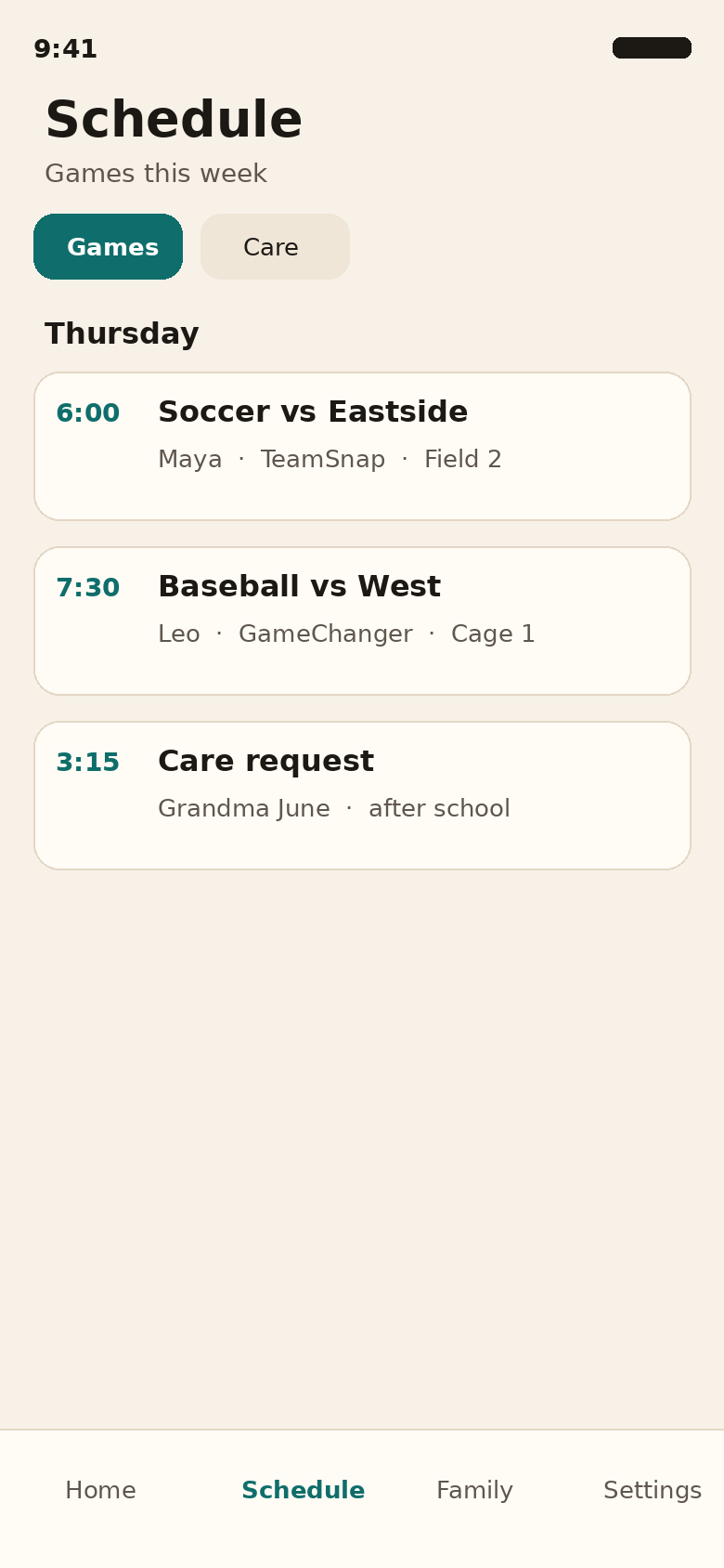 Maw and Paw schedule mixing care, TeamSnap, and GameChanger